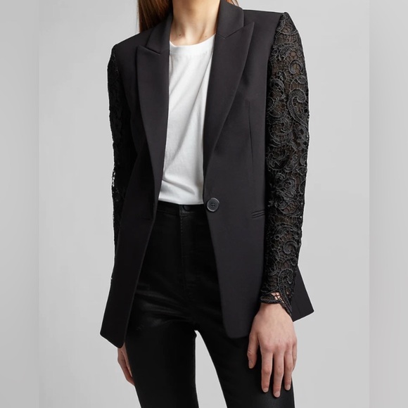 EXPRESS NWT! BLACK Super Soft‎ LACE Crochet SLEEVE TWILL BLAZER
